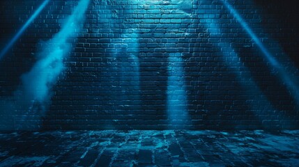 Dark brick wall, blue neon light. Rays and glare of light in the dark. Night view of a dark street, abstract projection on an empty wall. 3D illustration 