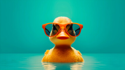 Funny duck in sunglasses in trendy style on colorful background. Portrait pet summer. Pet care, generated AI - obrazy, fototapety, plakaty