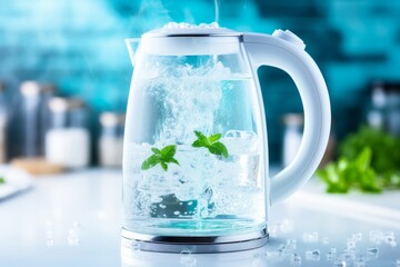 Electric kettle with boiling water and mint leaves. Clear glass kettle with white handle. Mint leaves floating on water. Light blue background. Great for recipes, products.
