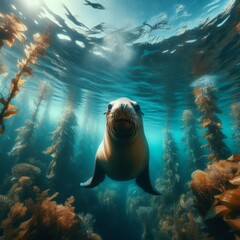 Sea lion swims through kelp beds, in the crystal clear ocean waters
