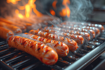 hot dog. The sausages arranged on the grill pan are grilled to the best degree to bring out their...