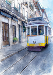 watercolor illustration historic tram 28 of Lisbon in Portugal