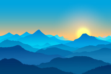 The rising sun illuminates the silhouettes of the misty mountains with its rays. Early morning landscape in the mountains. Silhouettes of mountains and forests. Nature vector illustration.