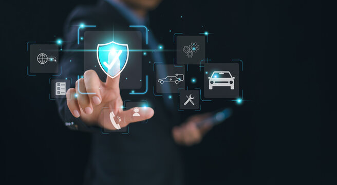 Best service quality certificate of car insurance service concept. Online security insurance business technology. Top insurance marketing protection icon, travel, car, finance, health life family.