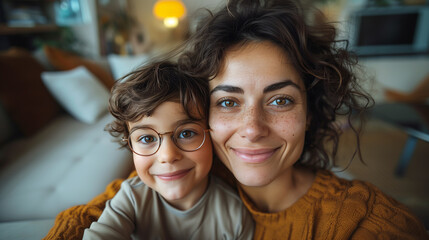 Portrait of young beautiful mother with her son wearing eyeglasses at home. 