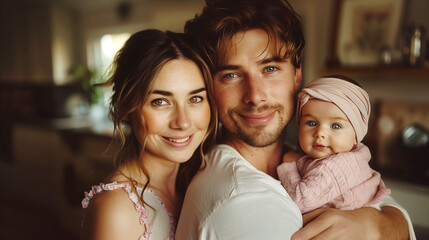 Obraz premium Portrait of a caucasian family in a modern kitchen. 