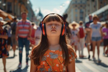 a 10-year-old girl with Down syndrome in dress stands with headphones on among a crowd of people to drown out background sounds, summer day. Concept mental health. Neurodiversity. Social inclusion. 