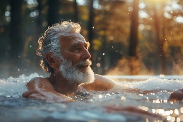 A 50-year-old man takes an ice baths, there is a summer sunny forest behind, daylight. Cold water therapy benefits for health concept. - Powered by Adobe