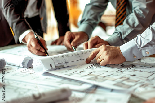 Reference: Investment opportunity: A group of investors examining blueprints and discussing plans for a new commercial development in a boardroom.