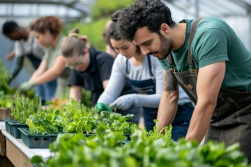 people working together in a vertical greenhouse, planting seeds, watering plants, and harvesting produce. concept eco system.
