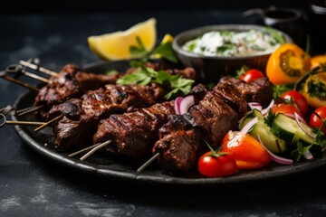 Fototapeta premium Juicy kebab on a rustic plate against a grey concrete background