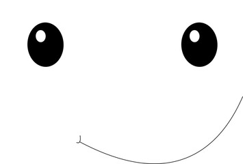 PNG illustration of a simple smiley face with large black eyes and a curved line smile. Minimalist, isolated on white, cute character for kids or playful designs.