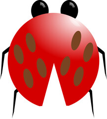 PNG illustration of a cute red ladybug with black spots, split wing case, and simple black legs. Isolated on white background, perfect for children’s designs, icons, or educational materials.