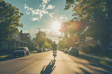 A man riding a bike down a street on a sunny day - obrazy, fototapety, plakaty