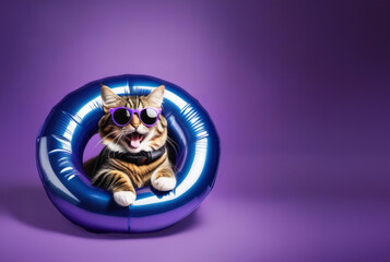 Laughing cat with swimming pool on violet background. Vacation concept.