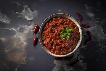 Tasty chili con carne on a ceramic tile against a grey concrete background - obrazy, fototapety, plakaty