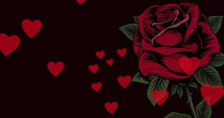 Image of hearts floating and rose on black background