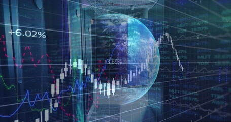 Image of graphs and globe over servers