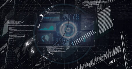 Image of digital interface with data processing over black background