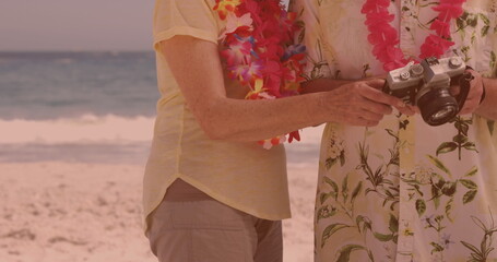 Mid section of senior couple using digital camera at the beach