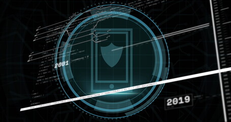 Image of digital interface with data processing over black background