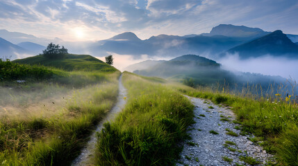 Fototapeta na wymiar Serene Mountain Pathway at Sunrise