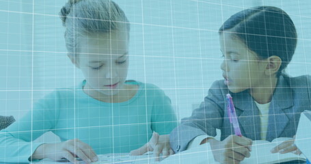 Image of financial data with red lines going down over schoolgirls shaking hands at business meeting