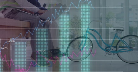 Image of digital data processing over schoolboy using laptop computer