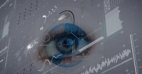Image of digital interface with data processing with female eye over white background
