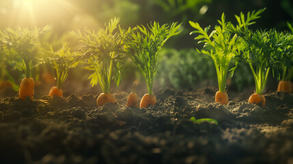 Sun-kissed Carrots Thriving in Fertile Garden Soil - obrazy, fototapety, plakaty