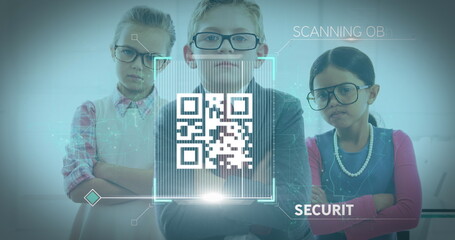 Image of security scanning over QR code with schoolboy and two schoolgirls wearing glasses in the ba