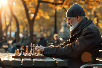 A man sitting on a bench, playing chess on a sunny day