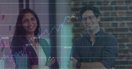 Image of financial data processing over business people talking in office