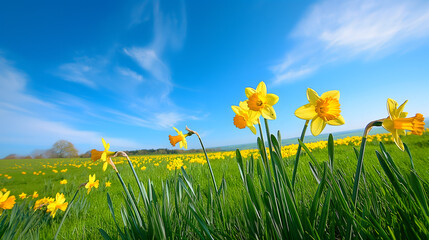 Vibrant Daffodil Meadow Under Blue Spring Sky