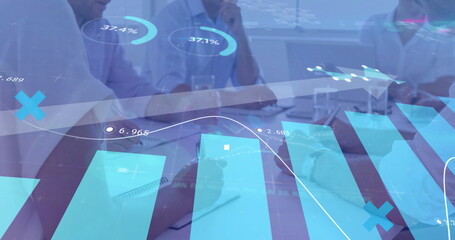 Image of financial data processing over business people during meeting in office