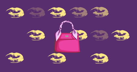 Image of yellow lips over pink bag on purple background