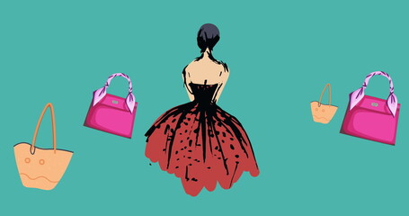 Image of handbag icons and model on green background