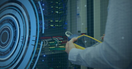 Image of data processing over hands of caucasian male engineer checking wires