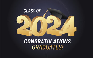 Class of 2024. Congratulations graduates gold graduation concept with 3d text and decorative elements. Graduation typography design template. Congrats graduates Flat style vector illustration