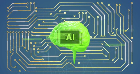 Image of ai text, human brain and circuit board with data processing