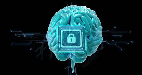 Image of human brain, padlock and data processing on black background