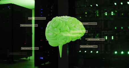 Image of human brain and data processing over circuit board