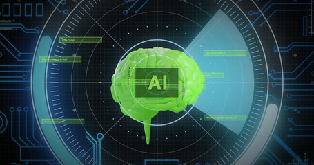 Image of ai text, human brain and data processing over scope scanning