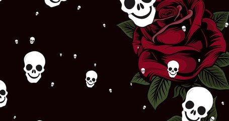 Image of skull icons falling and rose on black background