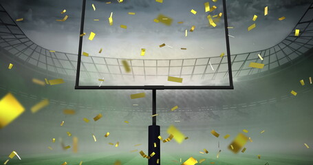 Image of confetti and roses falling over sports stadium