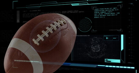 Image of american football ball over data processing on black background