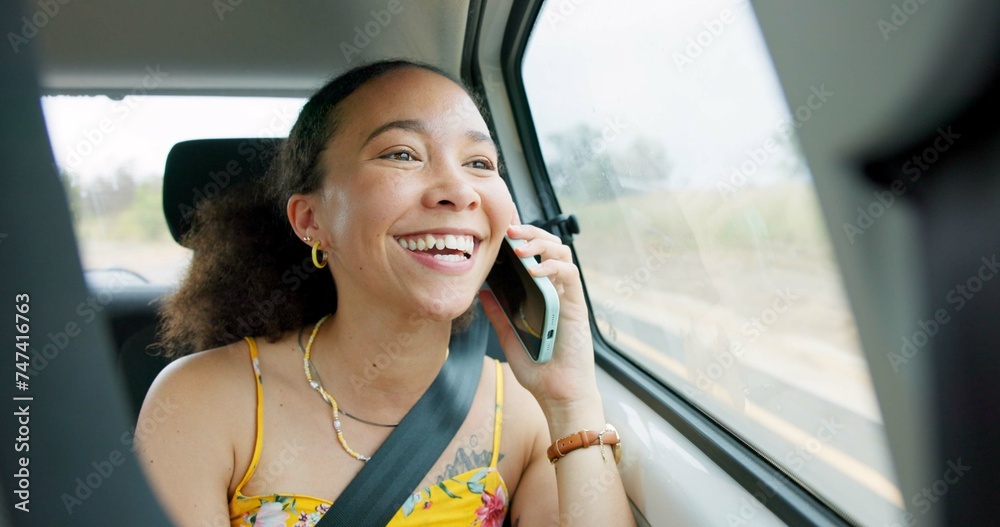 Wall mural Woman, phone call and road trip in car with laugh, chat or conversation by window, journey or travel. Girl, smartphone and talking with thinking, funny story and street for transportation on holiday