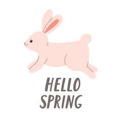 Hello spring design with cute pink rabbit. Design element for cards, posters, postcards and stickers. Isolated vector illustration