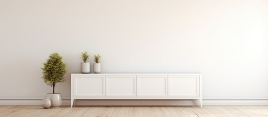 A room with a white cabinet against a large wall, featuring two vases as the main decor elements in the minimalist interior. The room has a wooden floor and a white landscape visible through a window.