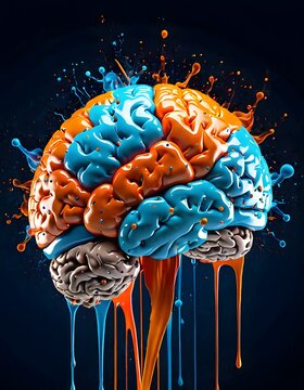 A surreal depiction of a brain with an eruption of blue and orange, symbolizing a sudden surge of inspiration or an idea. It's an artistic metaphor for a brilliant epiphany or innovative thought.